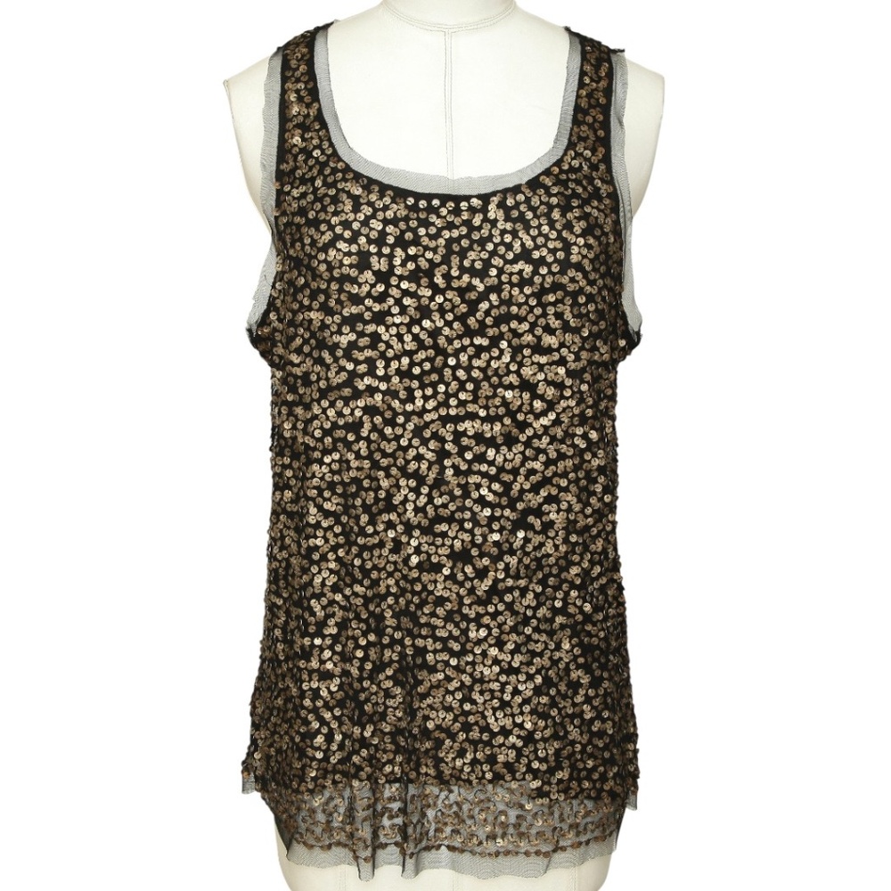 GRYPHON NEW YORK Black Blouse Top Shirt Sleeveless Gold Sequins Tunic Sz L